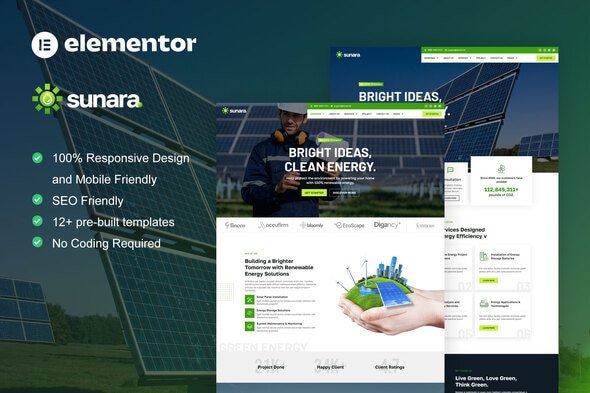 Sunara – Solar & Renewable Energy Elementor Pro Template Kit