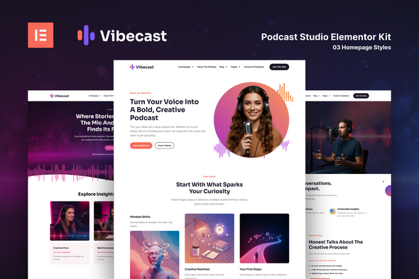 Vibecast – Podcast Studio Elementor Pro Template Kit